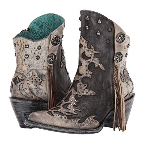 CORRAL ANKLE BOOTIES*BOOTS*FRINGE STUDS DISTRESSED METALLIC COWHIDE 9 - Picture 10 of 10